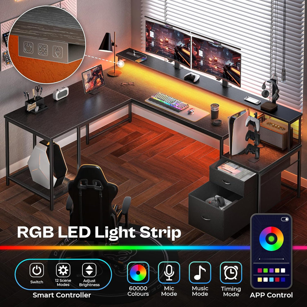 66" L Shaped Gaming Desk with LED Lights & Power Outlets | Computer Desk with Fabric Drawers and Print Stand, Corner