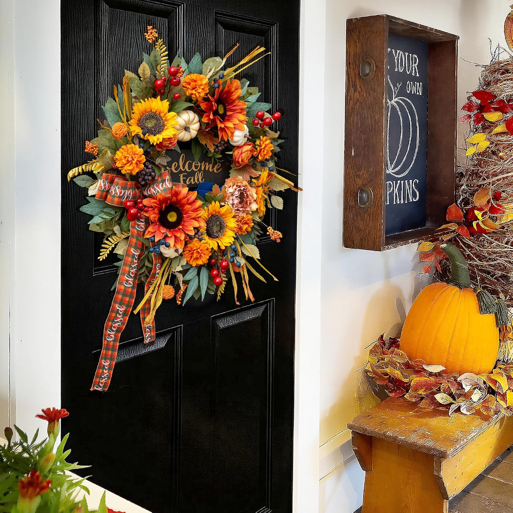 24 Inch Harvest Fall Wreaths for Front Door, Rustic Harvest Autumn Wreath