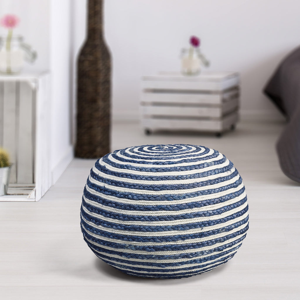 L.R. Resources Corcovado Deep Sea Braided Pouf Ottoman, 14"X20", Blue/White