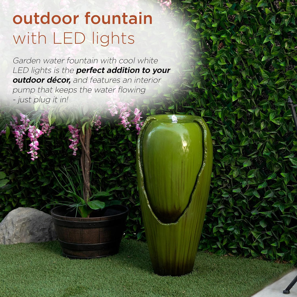 33" Tall Outdoor Vintage Cascading Antique Jar Water Fountain with LED Lights for Gardens, Patios, Yards, Green