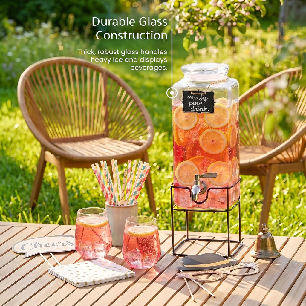 Glass Drink Dispenser, with Stand, 1 Gallon, Serves 15 Cups, Leak-Proof Stainless Steel Spigot, Beverage Storage