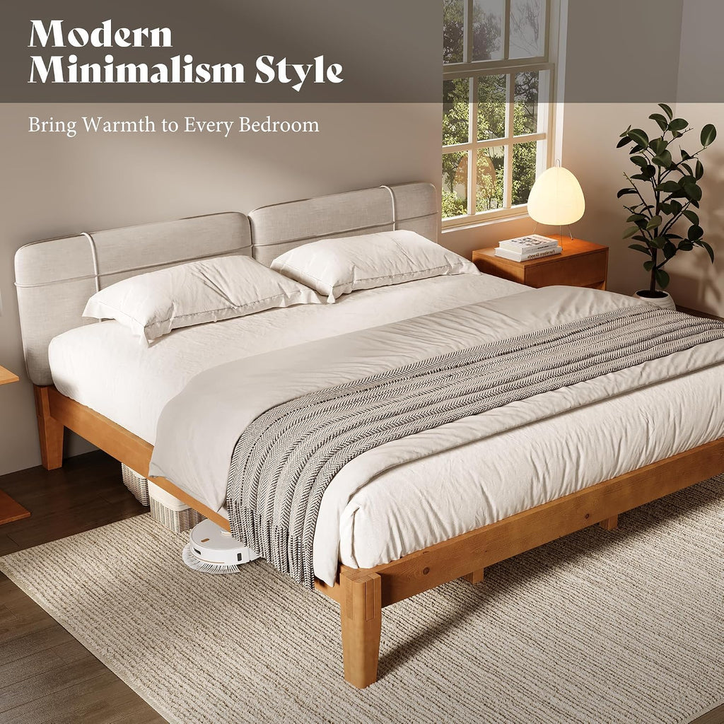Solid Wood Bed Frame, Tool-Free, Japanese Joinery, Brown
