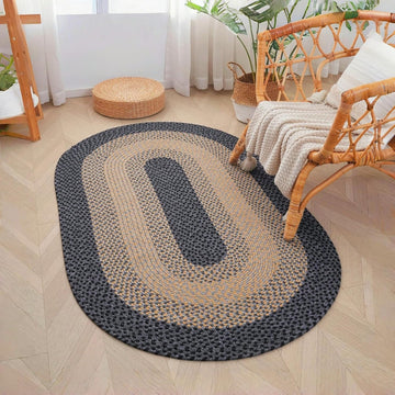 3x5 Oval Braided Area Rug, Brown Black Farmhouse Kitchen Mat | Anti-Slip PP Country Rope Rug, Entryway Porch Deck