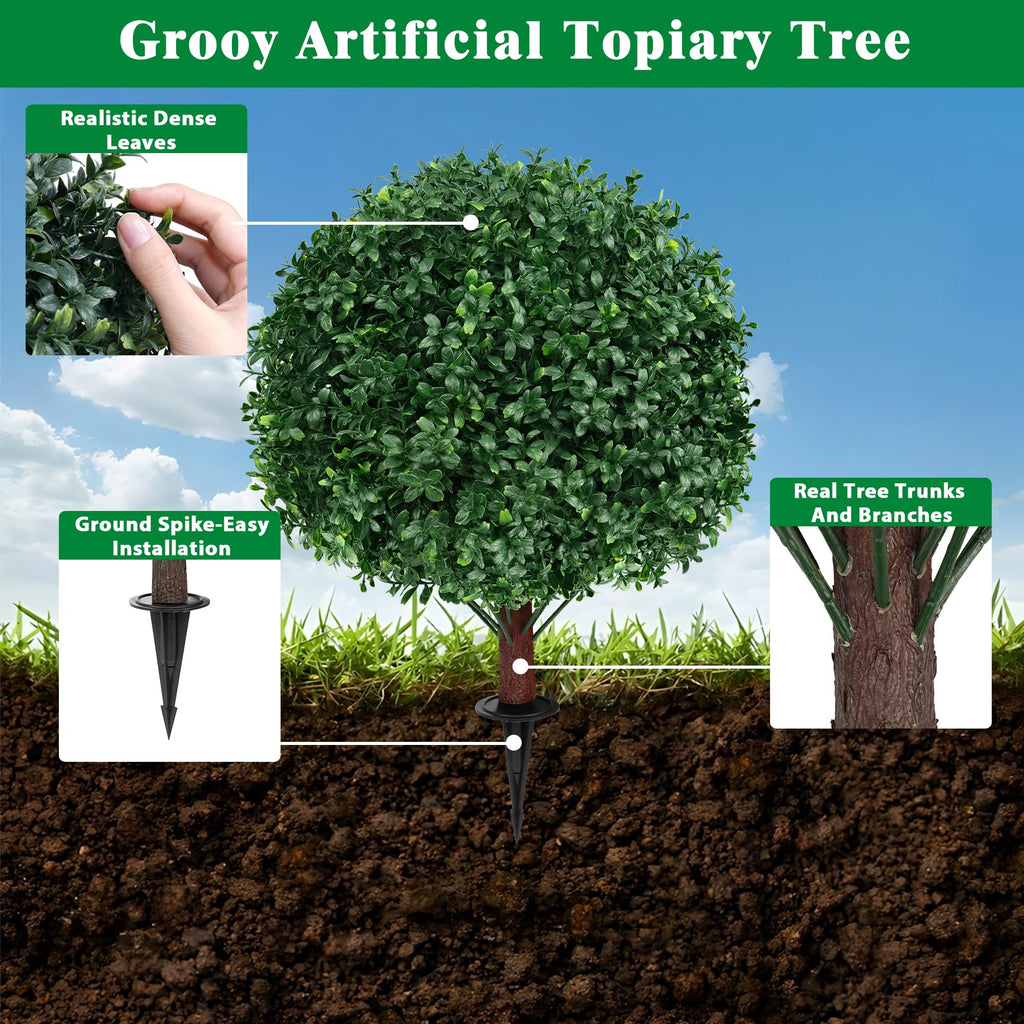 Set of 4 Artificial Boxwood Topiary Ball Tree with Ground Spike