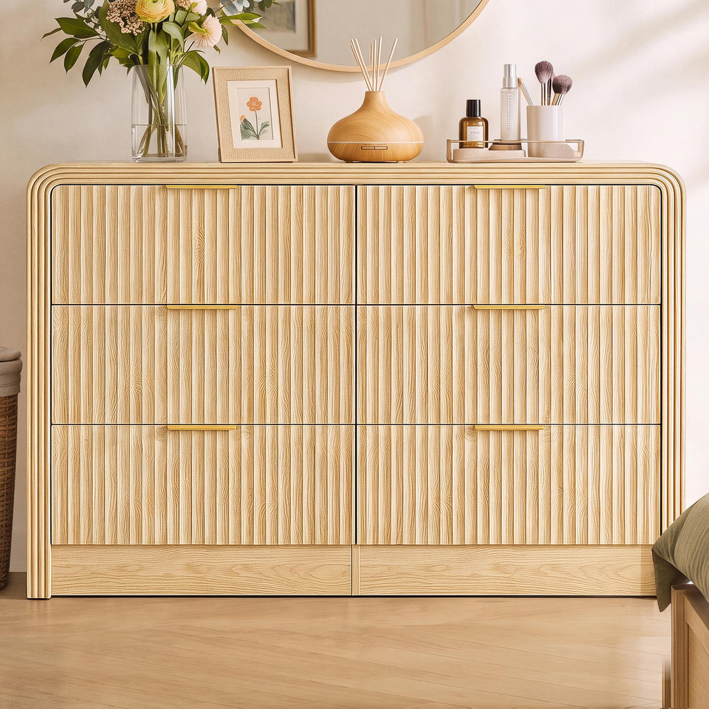 Fluted 6-Drawer Dresser Modern Wood Chest Organizer with Anti-Tip