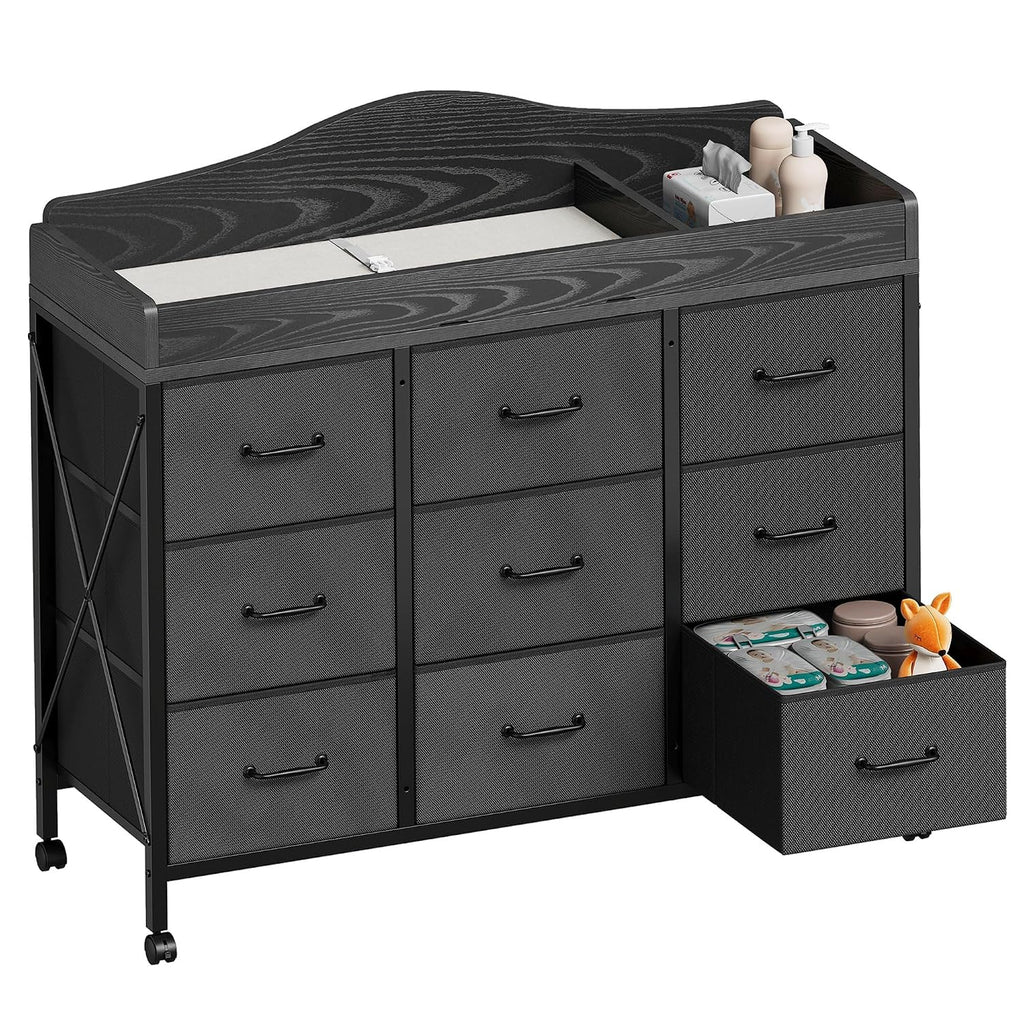 Baby Changing Table, 9 Fabric Boxes, Waterproof Pad, Mobile Nursery, Black | Baby Changing Table,Waterproof Diaper
