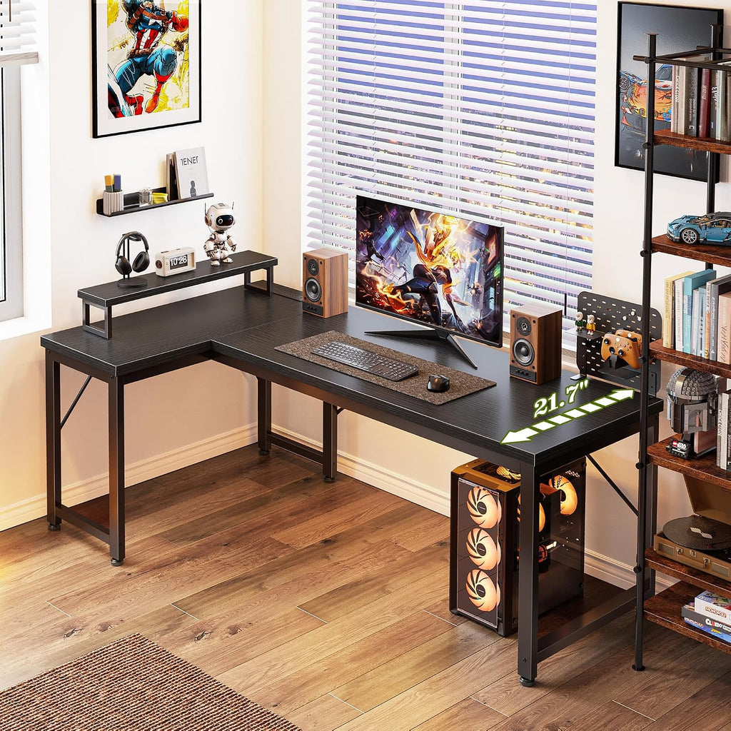 53" L Shaped Computer Desk, Power Outlets, Monitor Stand, Black | USB-C Ports, Reversible Charging Station, Spacious
