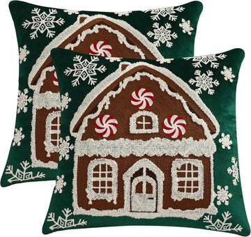 Christmas Green Throw Pillow Covers 18x18 Xmas House - Set of 2