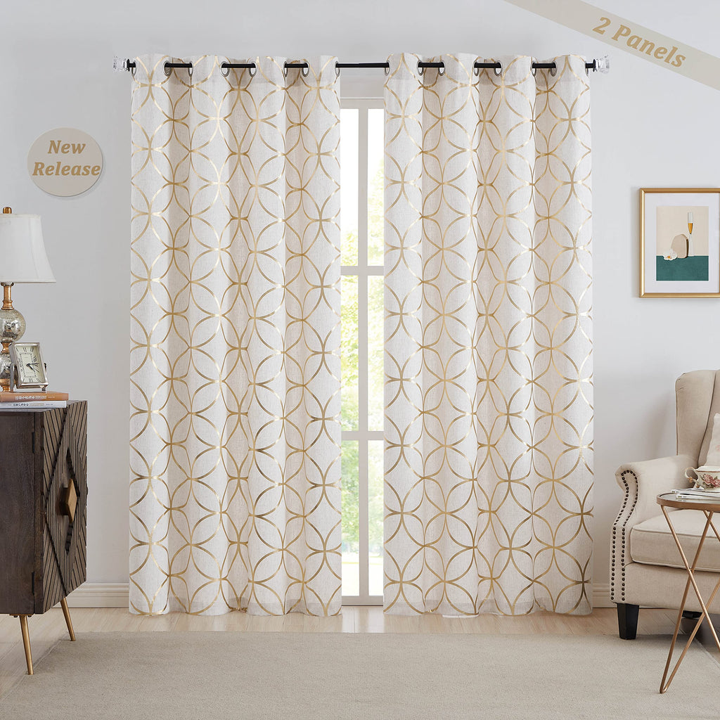 Gold Foil Print Linen Sheer Curtains Moroccan Geometric 84Inch