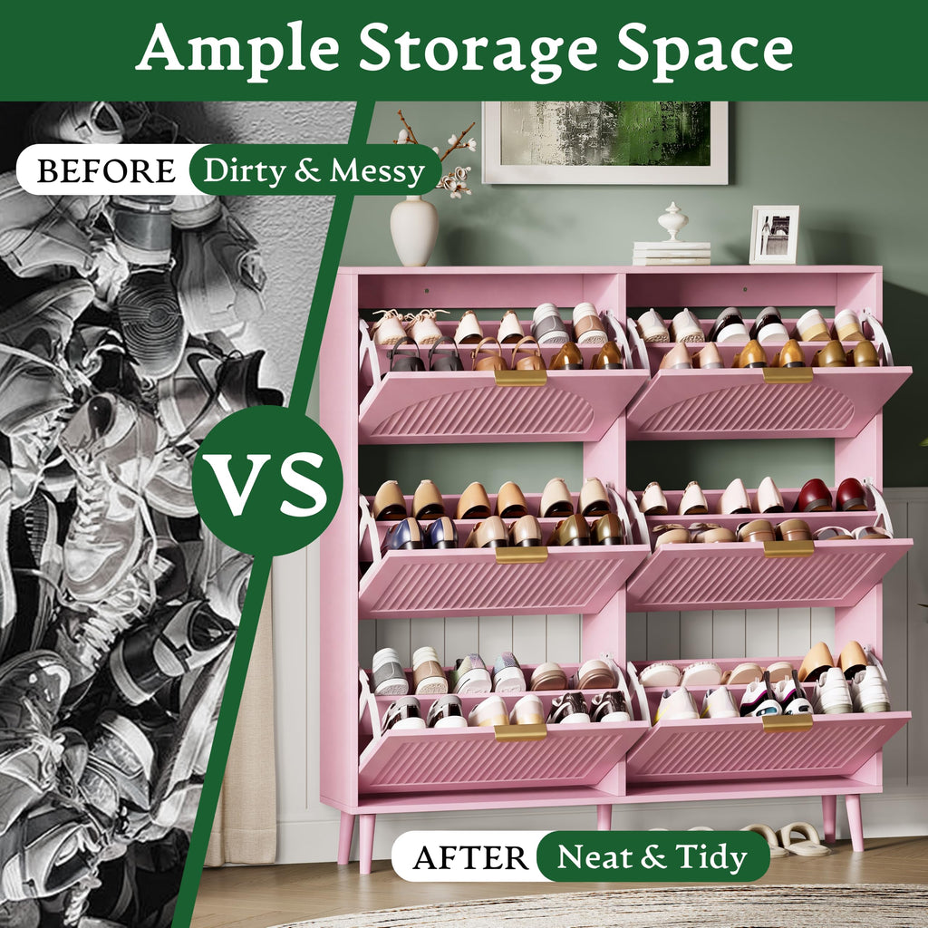 Shoe Storage Cabinet with 6 Flip Drawers, 50" Tall Narrow Wood Fluted Shoe Organizer, Freestanding Wooden Hidden