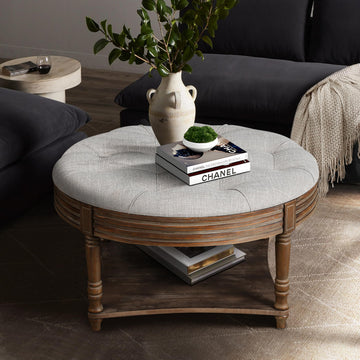 Huza Round Ottoman Coffee Table, 2 Tier Button Tufted Ottoman with Wooden Shelf Storage, Farmhouse Linen Fabric