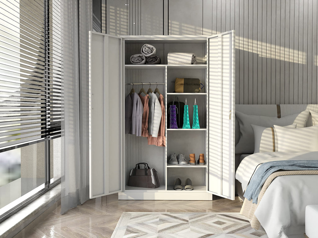 Steel Wardrobe Cabinet with 2 Doors, White Metal Locker Cabinet for Storage with Hanging Rod and 4 Shelves, Lockable