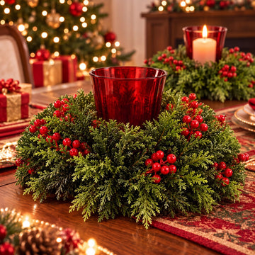 2 Pack Large Christmas Centerpieces Faux Cedar Berry Red Glass Hurricane Candle Holders Artificial Red Berries