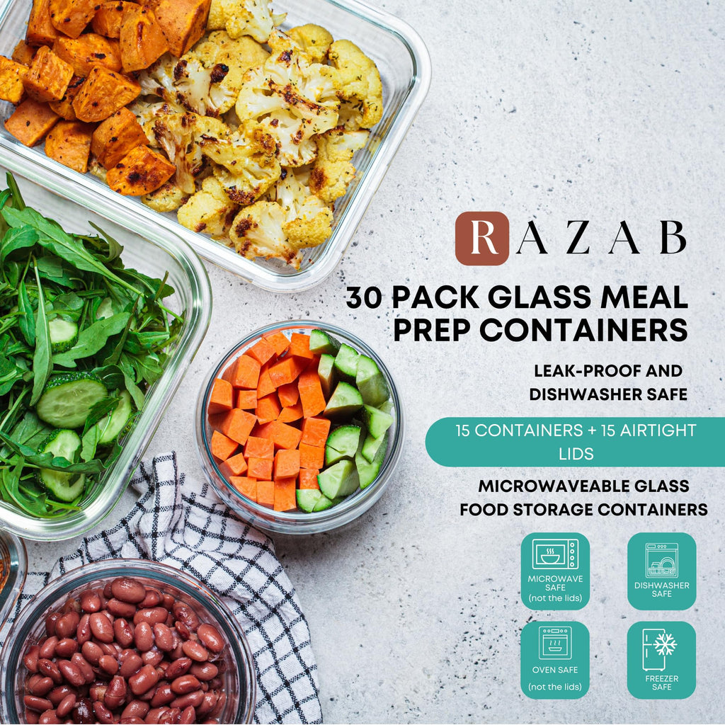 30 PC Glass Food Storage Containers with Lids - Reusable Glass Meal Prep Containers for Lunch and Leftovers