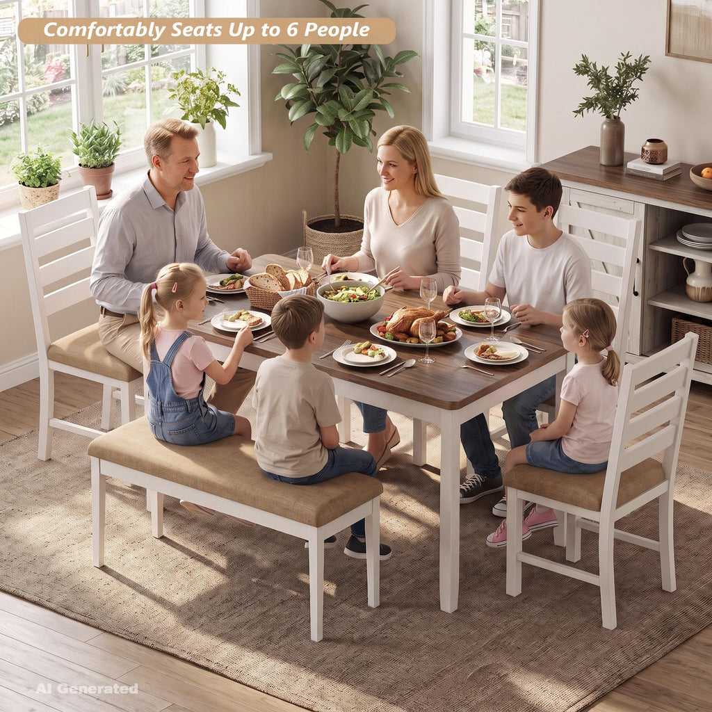 6-Piece Dining Table and Chair Set with 4 Chairs & 1 Bench, Brown
