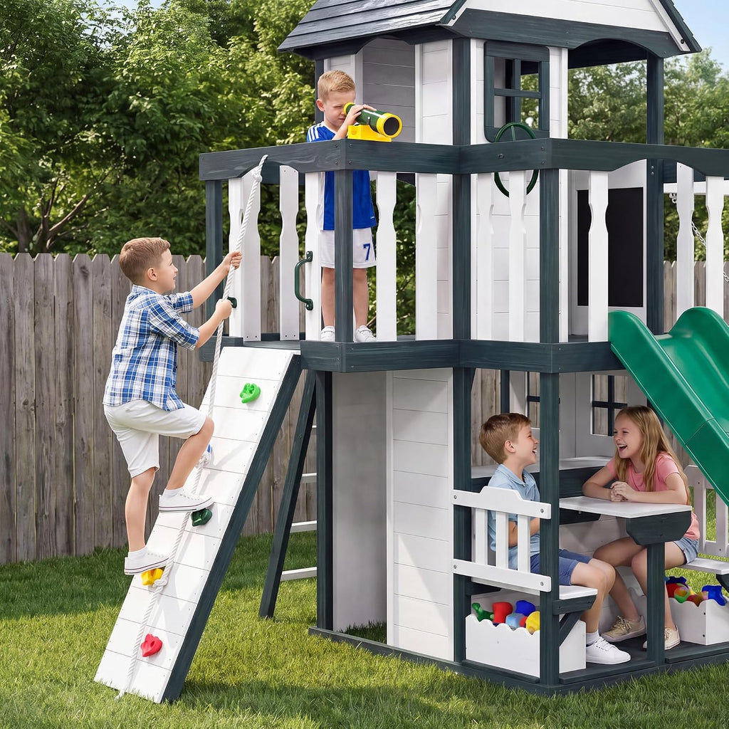Wooden Swing Sets Playground with Slide Outdoor Playset All-in-One, White | Premium Solid Pine Wood, Lets 10 Children