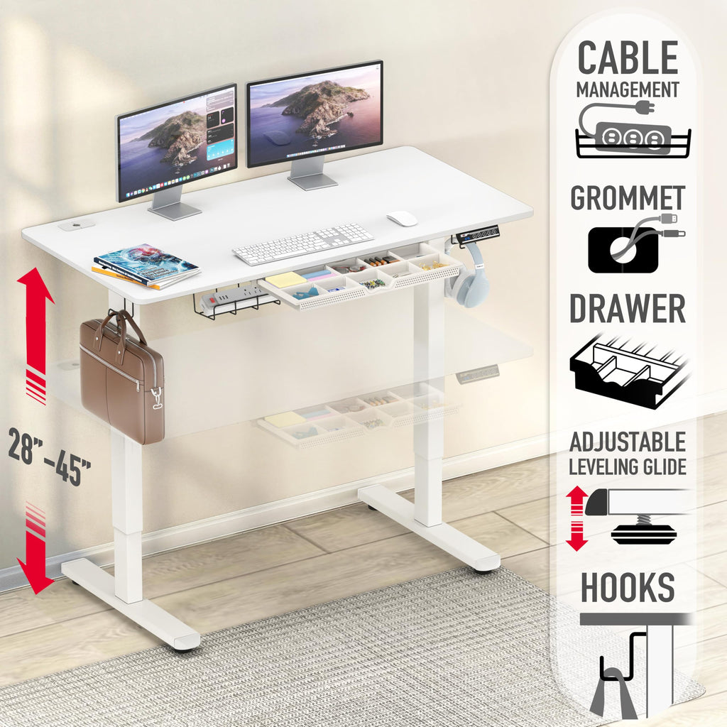 48-Inch Electric Height Adjustable Standing Desk w/ Drawer, White