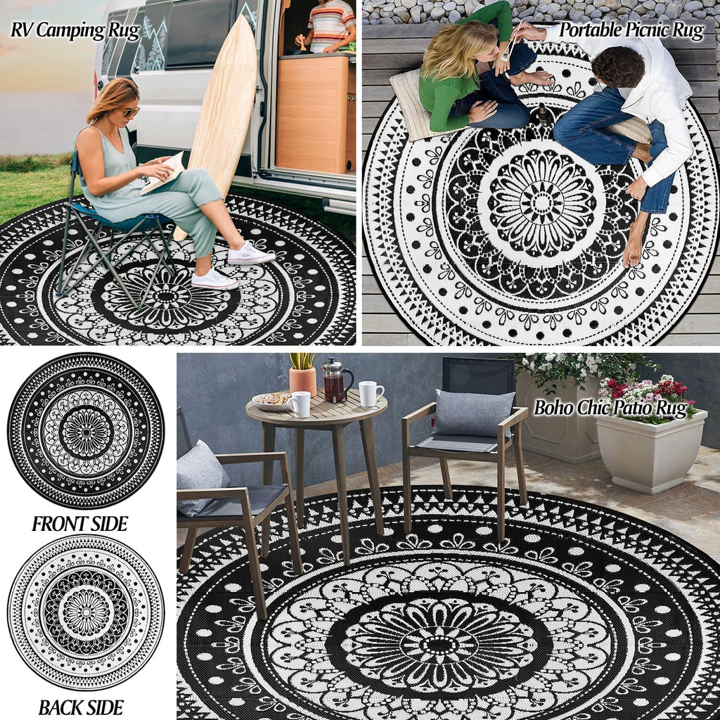 Round Outdoor Rugs 8Ft Waterproof Reversible Outdoor Patio Rugs Black Lightweight Plastic Straw Rugs Portable RV