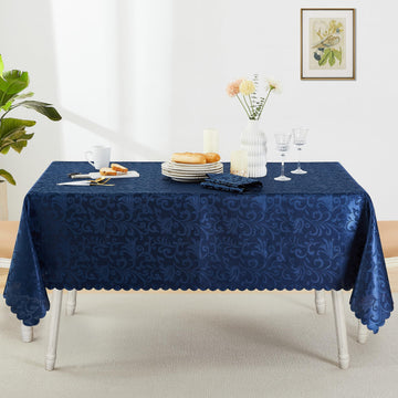 Wave Scroll Damask Jacquard Rectangle Deep Sea Blue Tablecloth 60" 120", Wipeable Table Cover for Dining Table, Buffet