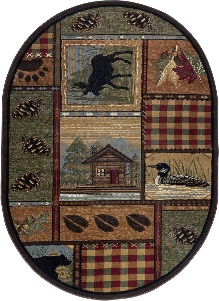 Homespun Cabin Multi-Color Oval Area Rug - Bedroom or DiningRoom - Lodge, Novelty
