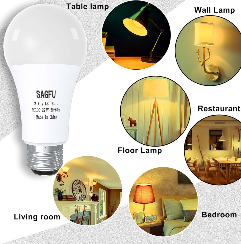 3 Way LED Light Bulbs 30 70 100 W Equivalent Soft White,A19 3000K,Three Way Light Bulbs,3 Way Light Bulbs,E26 Base