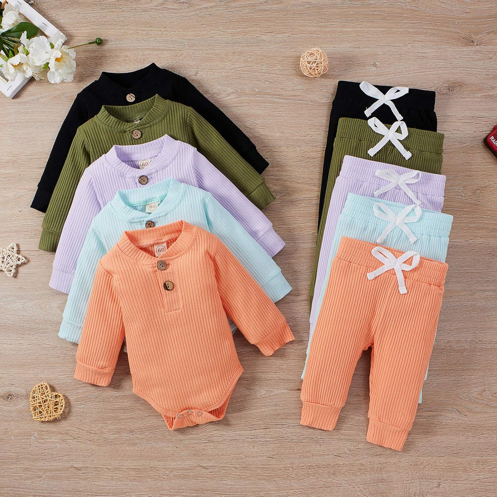 Winter Newborn Baby Boy Girl Clothes Set Ribbed Outfits Unisex Infant Solid Long Sleeve Tops Pants 2PCS