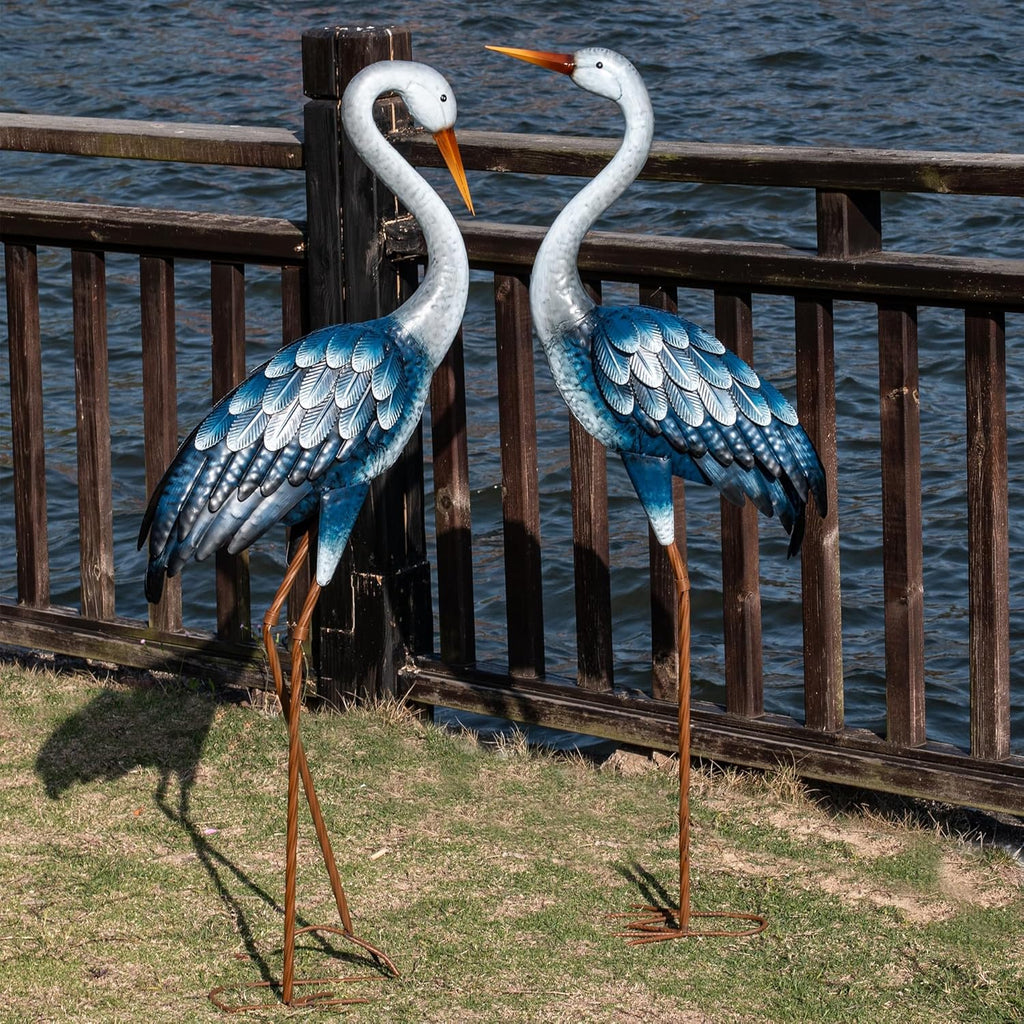 Blue Metal Heron Statues,Outdoor Garden Crane Sculptures 47-48 Inch | Waterproof and Rust-proof Bird Yard Art, For