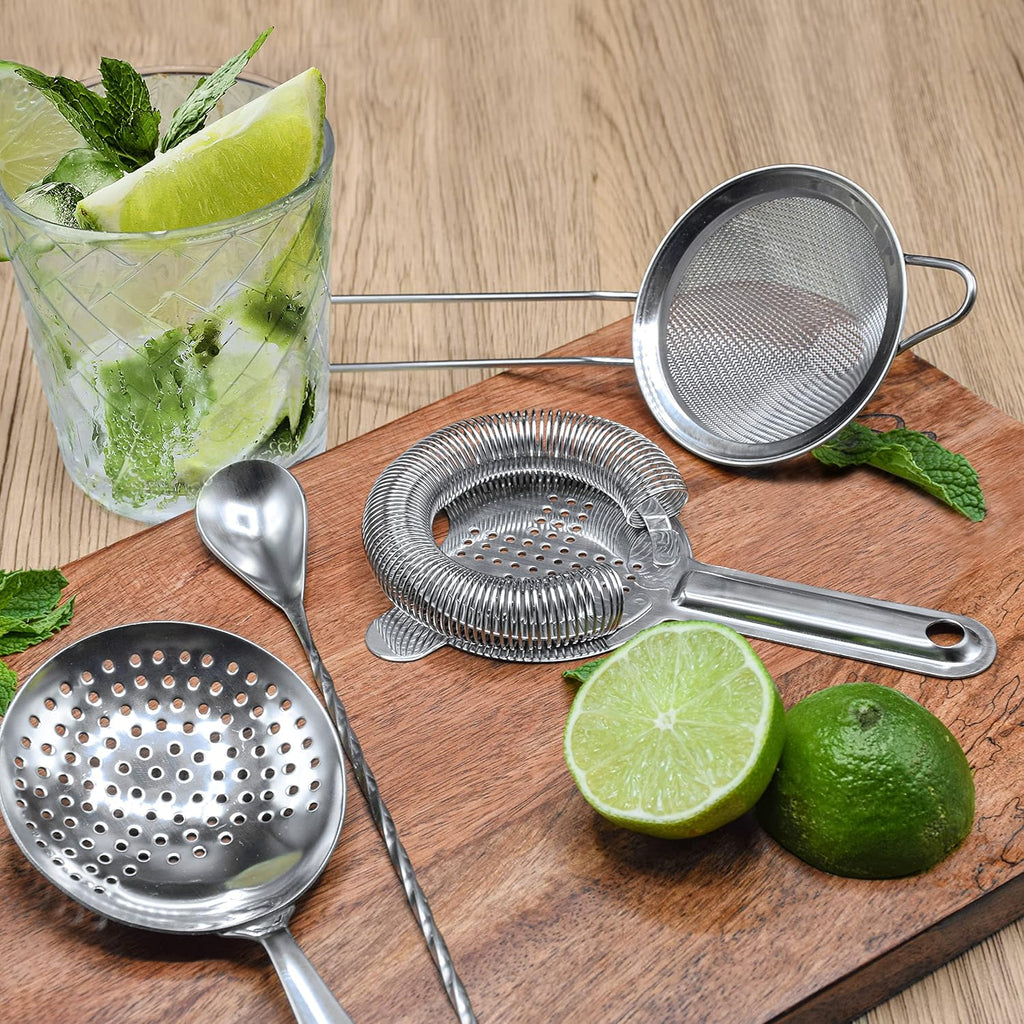 Cocktail Strainer Set Stainless Steel Bar Tools with Stirring Spoon - Hawthorne, Julep, Fine-Mesh and Jigger - Set of 5