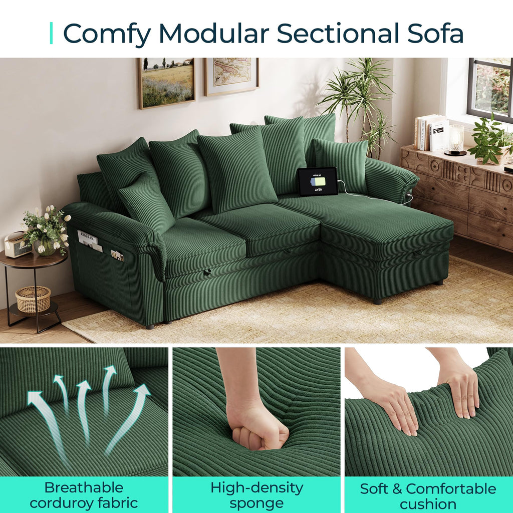 Sectional Couch with Pull Out Bed, Large Corduroy Modular Sleeper Sofa, Storage Chaise, Wide Armrest, 90" 3 Seats