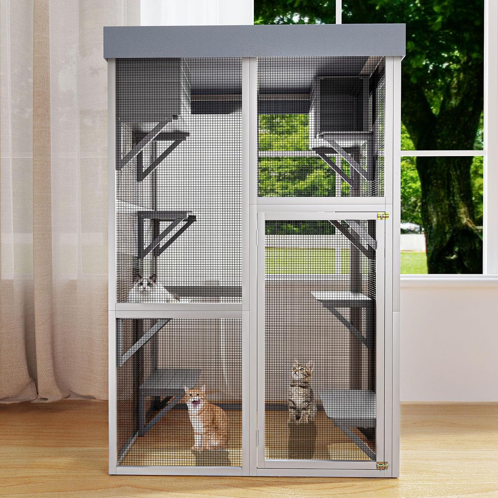 62.6" Outdoor Wooden Cat House Large Catio, Solid Wood Cat Cage Shelter Enclosure Playpen with Anti-UV& Waterproof, 5
