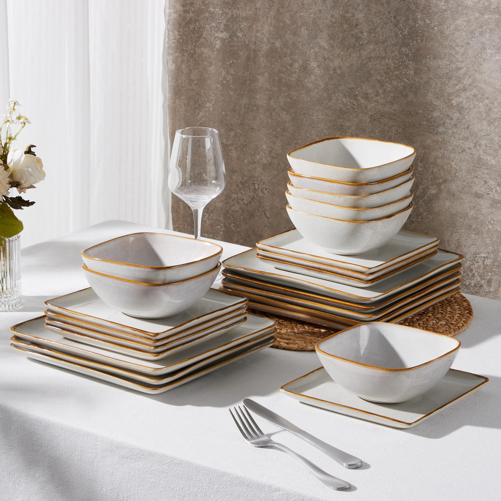 Square Dinnerware Sets for 8, 24-Piece Stoneware Plates and Bowls Dishes Set, Reactive Glaze Porcelain Dishware Sets