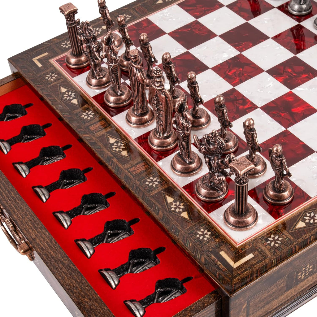 15-Inch Handmade Wooden Chess Set, Metal Pieces & Storage, Red