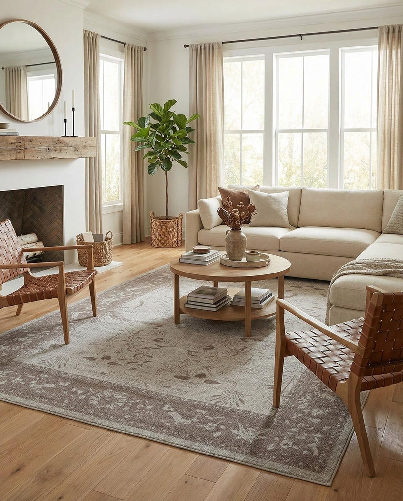 Miranda Rug - 10' x 13' 1 Light Gray Easy-Clean Area Rug - Vintage Floral Design