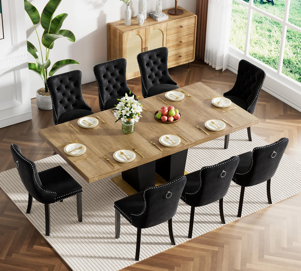 9-Piece Extendable Dining Table Set for 6-8 People 63-78 Inch Kitchen Table Set with 8 Velvet Upholstered Chairs