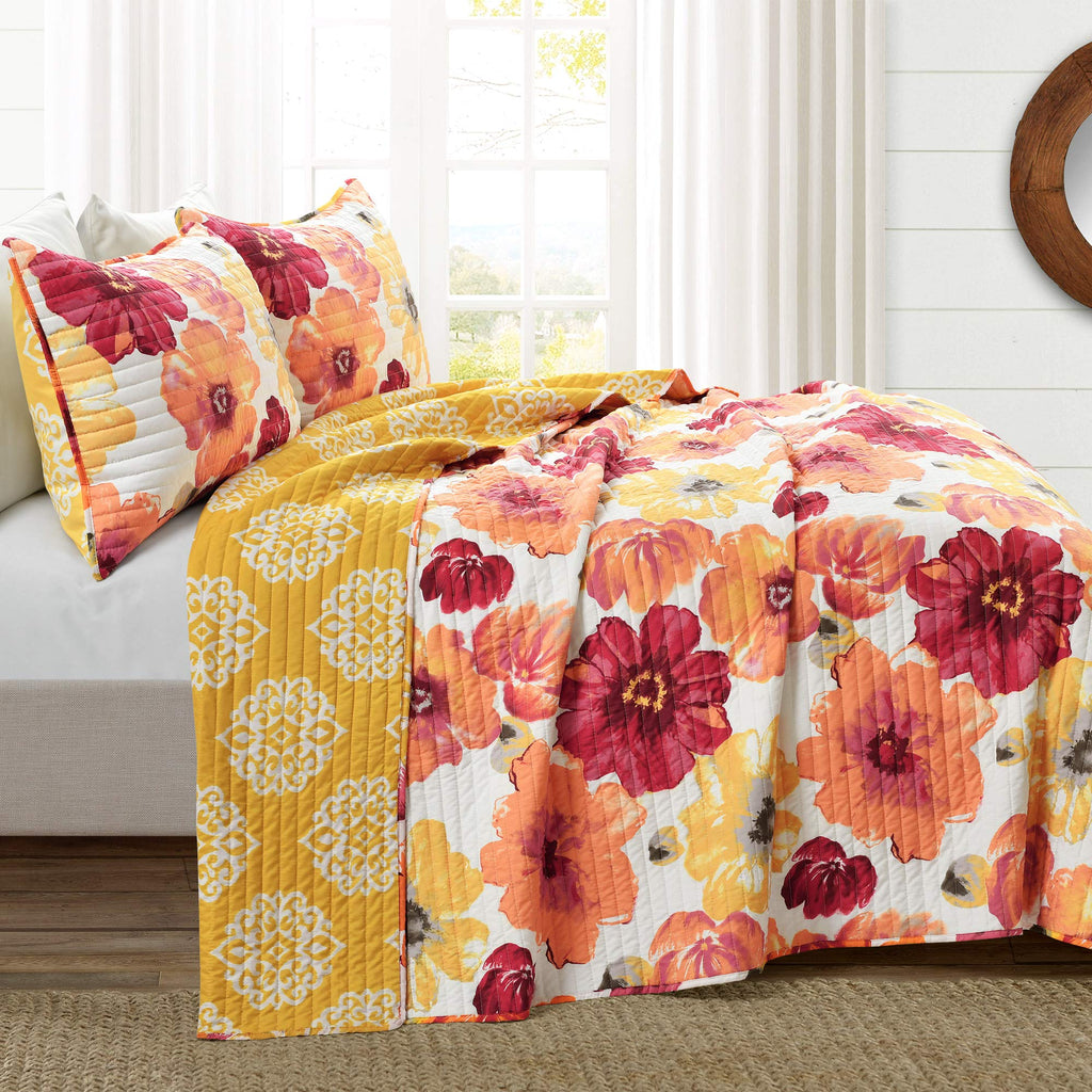 Leah Reversible Floral Quilt Set, 3 Piece Set, Red & Orange - Watercolor Botanical - Cottage Core - French