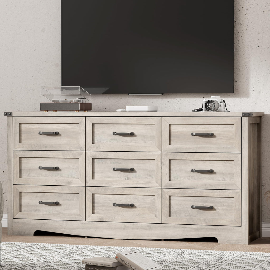 Dresser with 9 Drawers, 63" Wide Wood Chest of Drawers with Deep Drawers & Mental Handle, Modern Dresser TV Stand