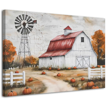 Country Autumn Landscape Canvas Wall Art Farmhouse Barn Windmill Pictures Wall Decor Kitchen Bedroom Fall Decorations