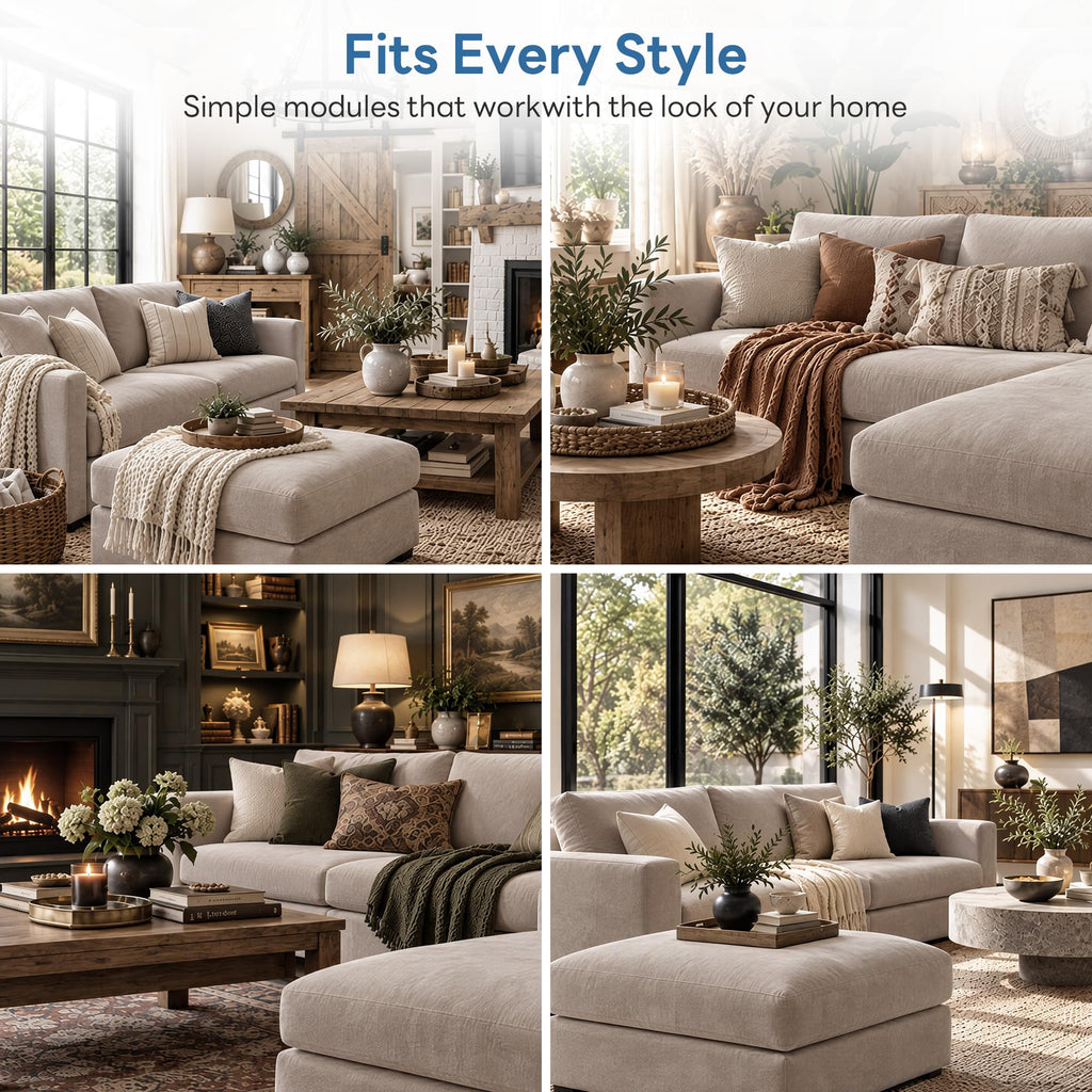 Sectional Cloud Couch, Spring Cushion Seating, L Shaped Convertible Modular Sofa with Ottoman, Khaki