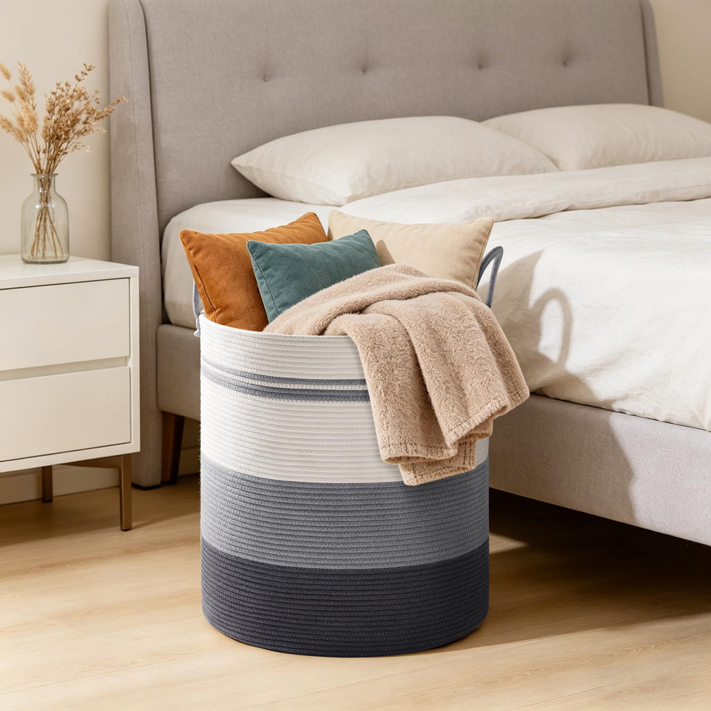 58L Tall Cotton Rope Laundry Basket with Handles, Grey Striped