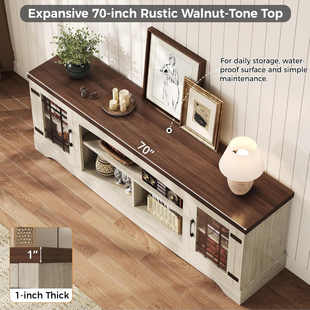 Farmhouse TV Stand for 75 Inch TV, Light Oak & Walnut | 2 Storage Cabinets, Open Shelves, Grid Glass Doors
