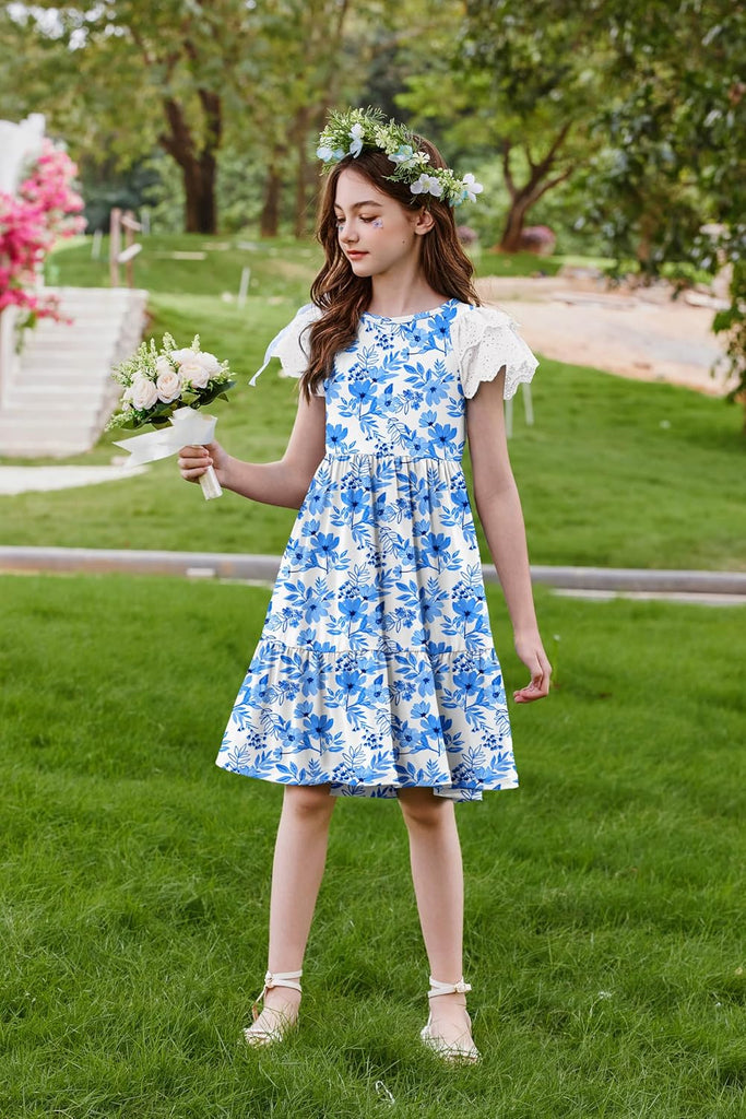 Girls Summer Dresses Casual Flutter Sleeve Midi Dress with Pockets