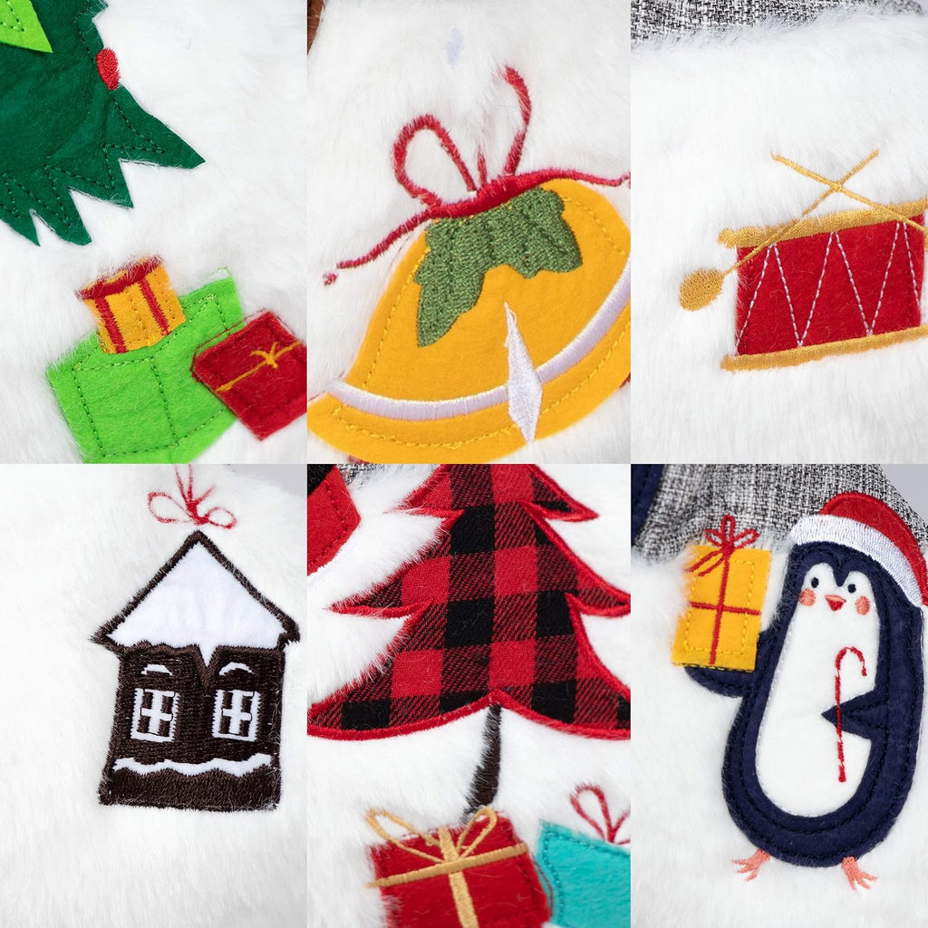 Christmas Stockings Gray Burlap Buffalo Red Plaid Soft Faux Fur 20 Inches Lovely Embroidery Pattern - Set of 6