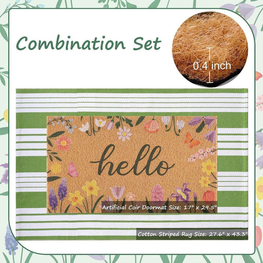 Wildflower Welcome Mat 17" x 29.5" + 27.6" x 43.3" Green White Striped Rug | Two-piece Layered Design Combines