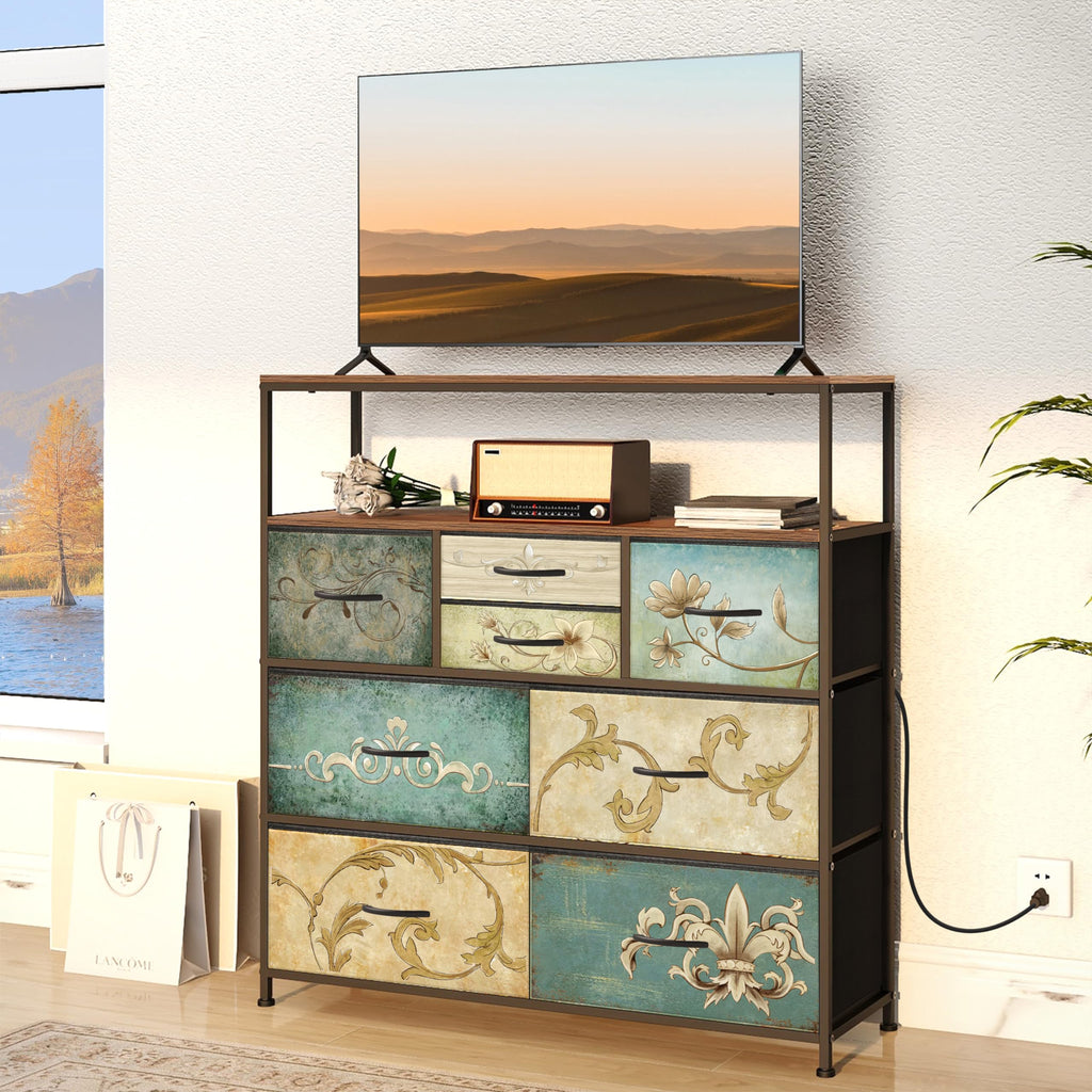 TV Stand with Power Oulet Dresser with Charging Station & LED Light with 8 Fabric Drawers Storage Chest of Drawers