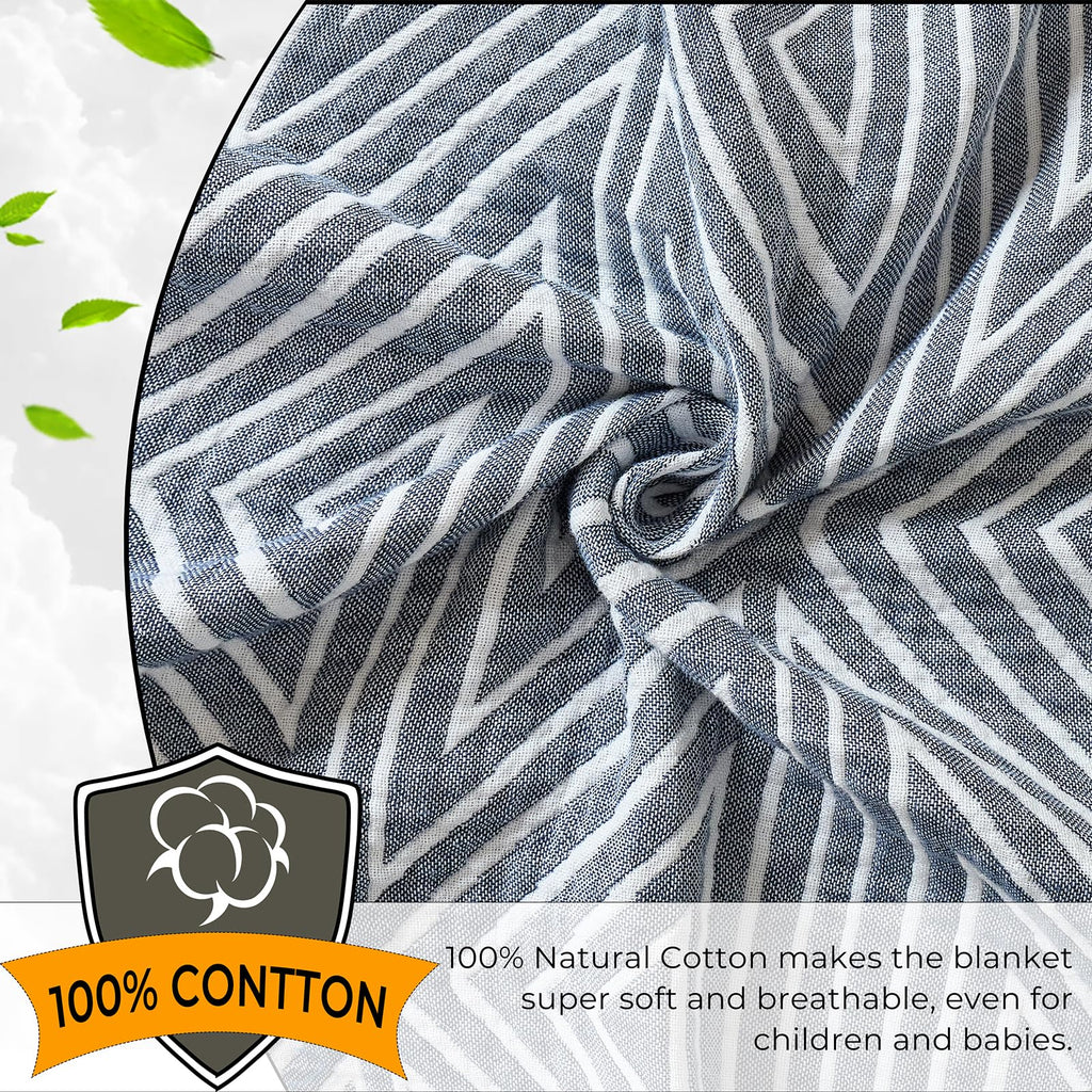 100% Cotton Geometric Reversible Muslin Blanket 60"×80" Blue
