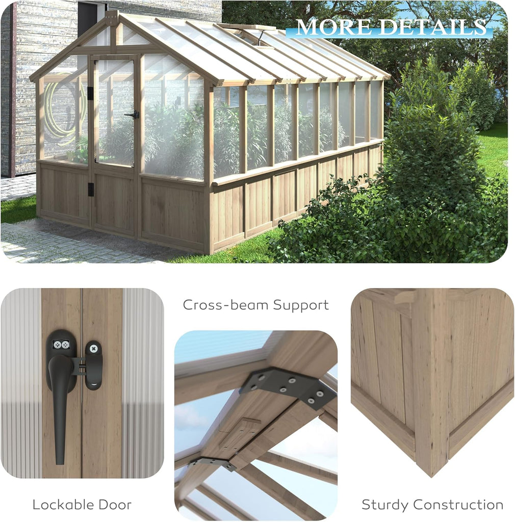 8x16 FT Greenhouse for Outdoor, 6MM Thick Polycarbonate Panel Wooden Walk-in Green House with Adjustable Roof Vents