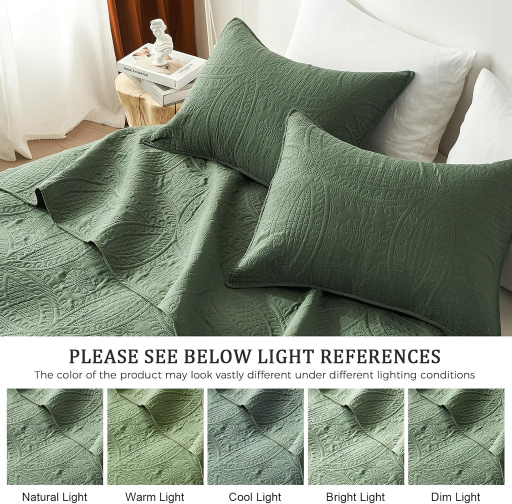 Queen Quilt Bedding Set,Olive Green Ultrasonic Full/Queen Quilt Set,Lightweight Soft Bedspread Coverlet,Modern Style