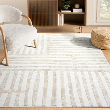 Beige Area Rug - - Living Room & Bedroom - Abstract Stripe Design - Indoor Use - Easy to Clean, Stain