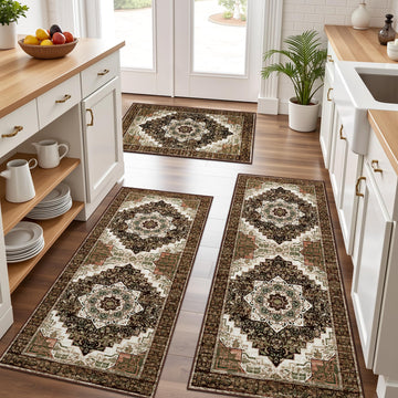 Kitchen Rugs Sets of 3 100% Non Slip Washable Kitchen Mats for Floor, Brown