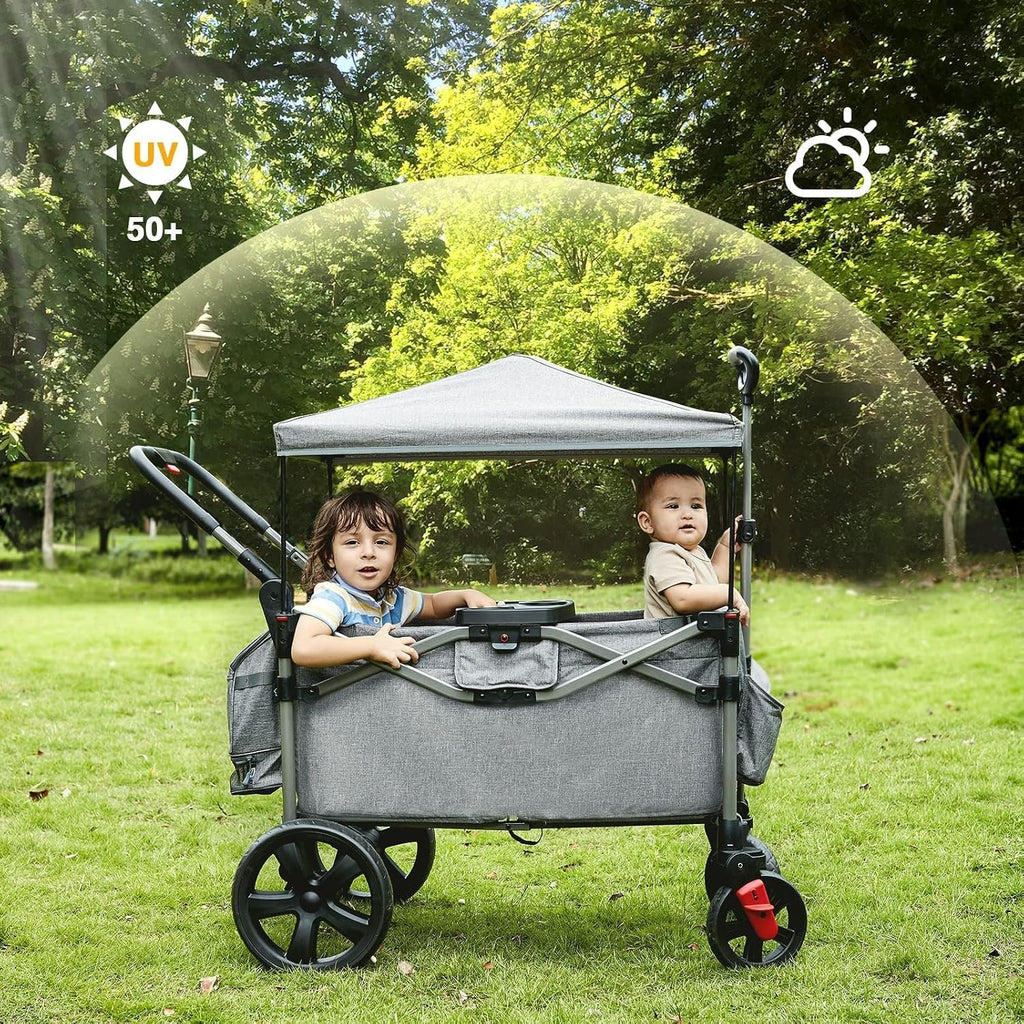 Foldable Wagons for Two Kids & Cargo, Collapsible Folding Stroller with Adjustable Handle Bar,Removable Canopy